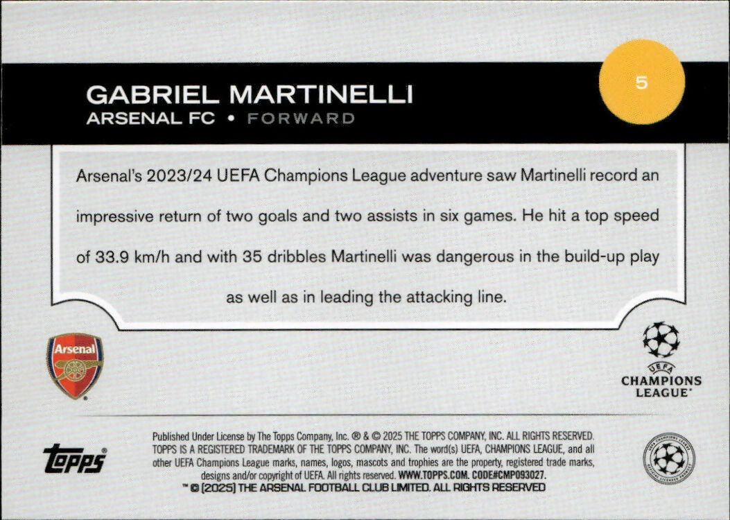 2024-25 Topps UEFA Club Competitions - Base #5 Gabriel Martinelli - Arsenal FC - B