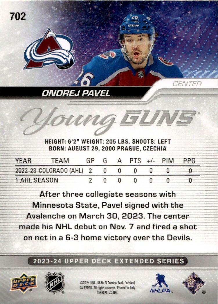2023-24 Upper Deck Extended Series Hockey - Base - Young Guns #702 Ondrej Pavel - Colorado Avalanche - B