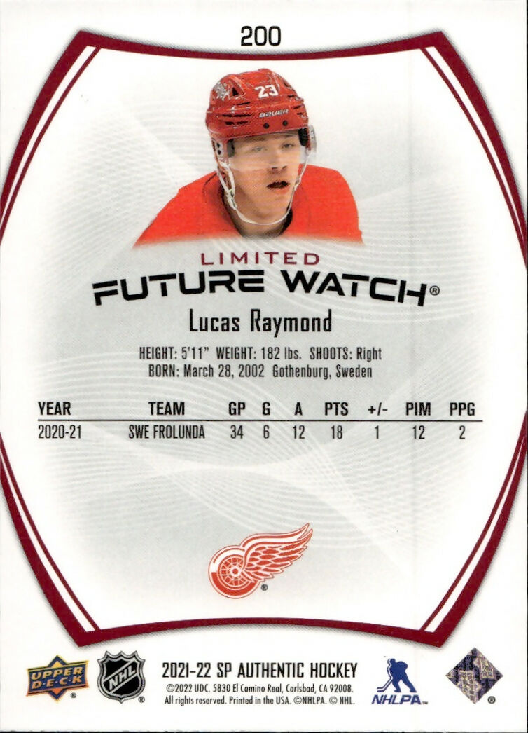 2021-22 Upper Deck SP Authentic Hockey - Base - Future Watch - Limited Red #200 Lucas Raymond - Detroit Red Wings - B
