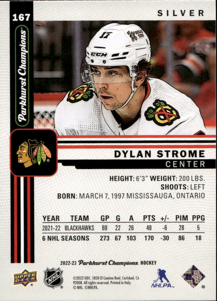 2022-23 Upper Deck Parkhurst Champions - Base - Silver #167 Dylan Strome - Chicago Blackhawks - B