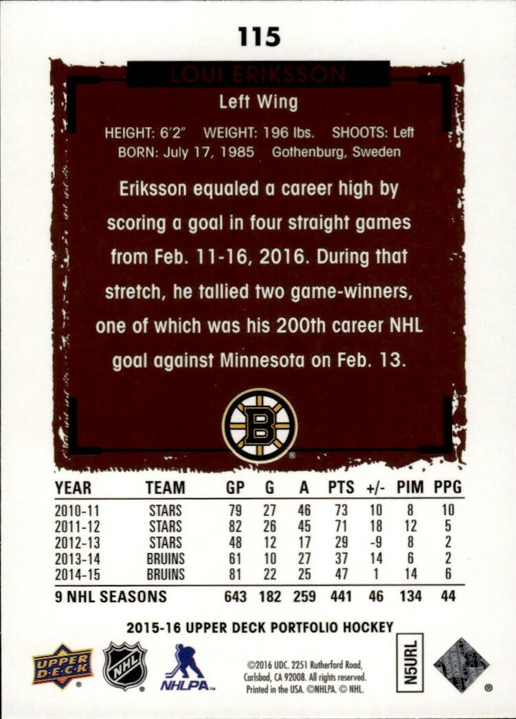 2015-16 Upper Deck Portfolio Hockey - Base #115 Loui Eriksson - Boston Bruins