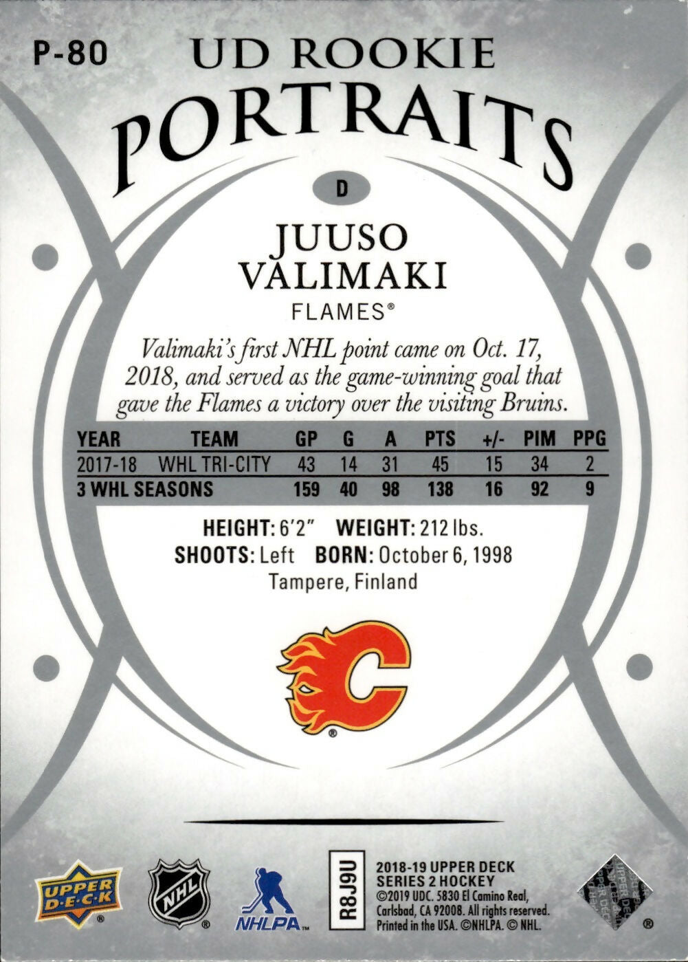 2018-19 Upper Deck Series 2 Hockey - UD Portraits - Rookie #P-80 Juuso Valimaki - Calgary Flames