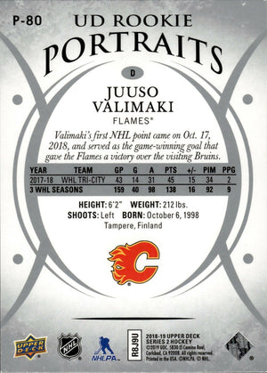 2018-19 Upper Deck Series 2 Hockey - UD Portraits - Rookie #P-80 Juuso Valimaki - Calgary Flames