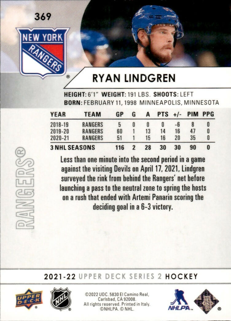 2021-22 Upper Deck Series 2 Hockey - Base #369 Ryan Lindgren - New York Rangers - B