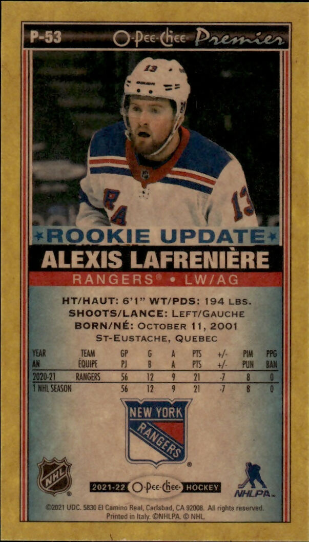 2021-22 Upper Deck Series 2 - O-Pee-Chee Update - Premier Tallboys - Yellow Boarder #P-53 Alexis Lafreniere - New York Rangers - B
