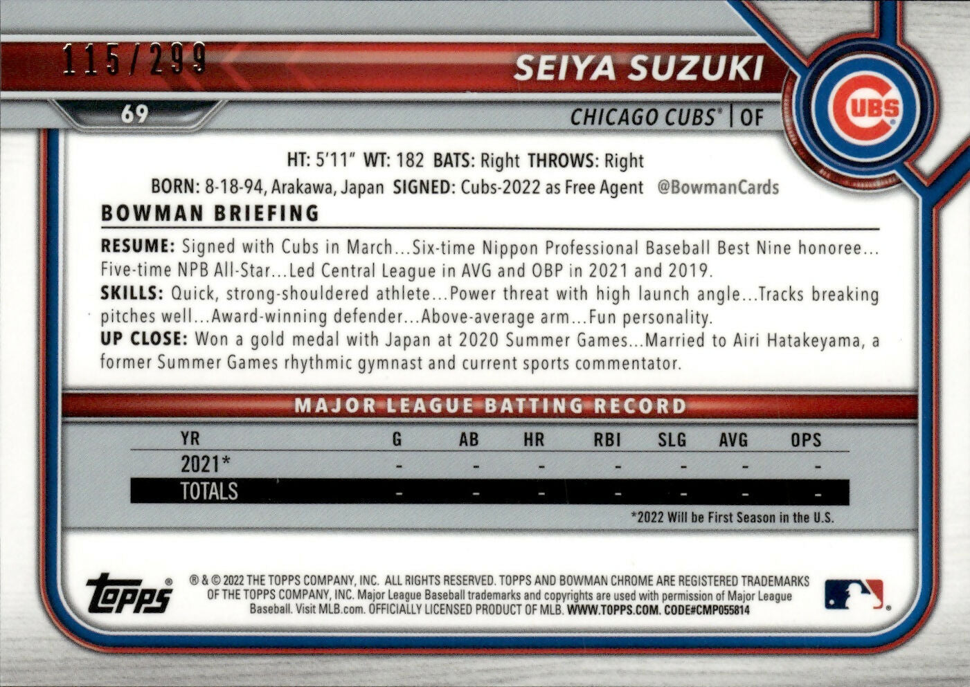 2022 Bowman Chrome Baseball - [Base] - Fuchsia Refractor :299 #69 Seiya Suzuki - Chicago Cubs - B