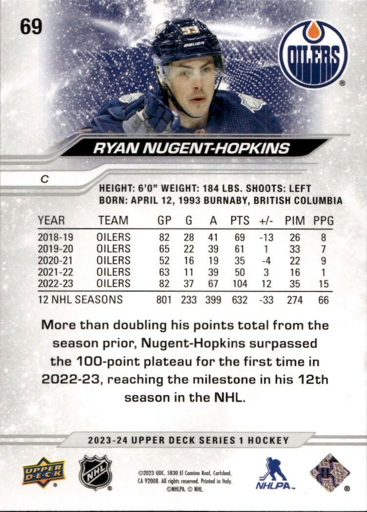 2023-24 Upper Deck Series 1 Hockey - Base #69 Ryan Nugent-Hopkins - Edmonton Oilers - B