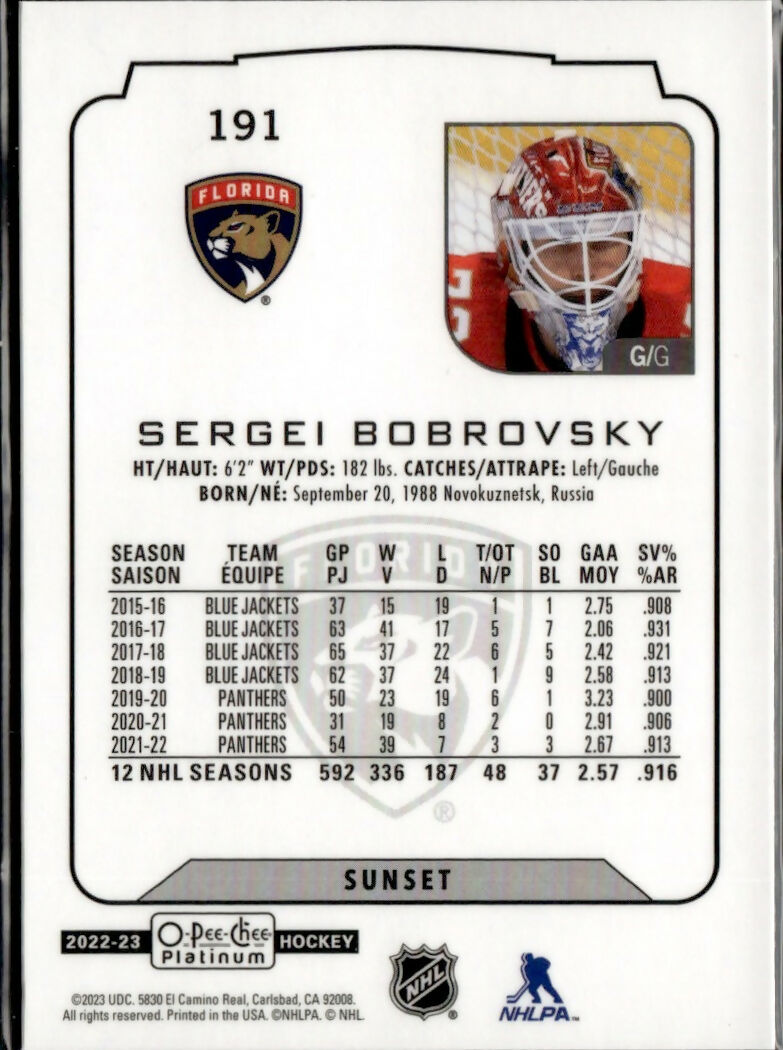 2022-23 Upper Deck O-Pee-Chee Platinum Hockey - Base - Sunset #191 Sergei Bobrovsky - Florida Panthers - B
