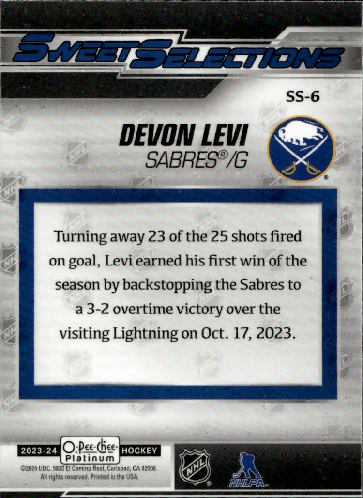2023-24 Upper Deck O-Pee-Chee Platinum Hockey - Sweet Selections #SS-6 Devon Levi - Buffalo Sabres - B