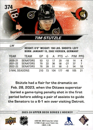 2023-24 Upper Deck Series 2 Hockey - Base #374 Tim Stutzle - Ottawa Senators - B