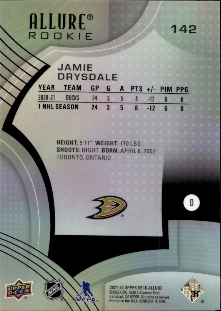 2021-22 Upper Deck Allure Hockey - Base - Rookie - Black  Rainbow #142 Jamie Drysdale - Anahiem Ducks - B