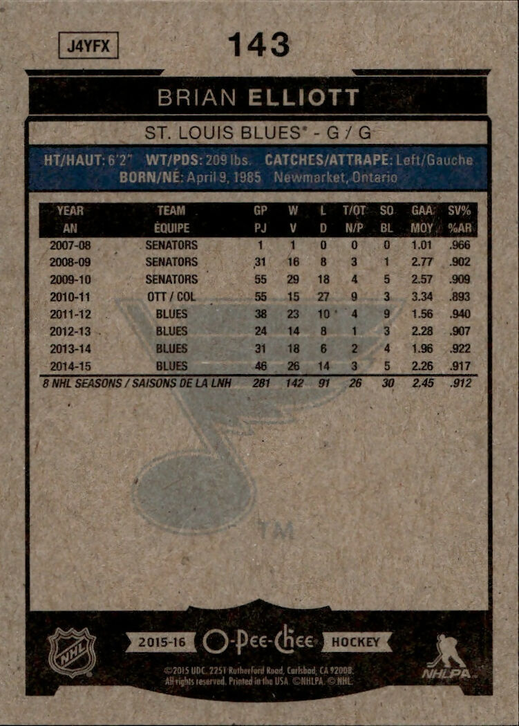 2015-16 Upper Deck O-Pee-Chee Hockey - Base #143 Brian Elliott - St. Louis Blues