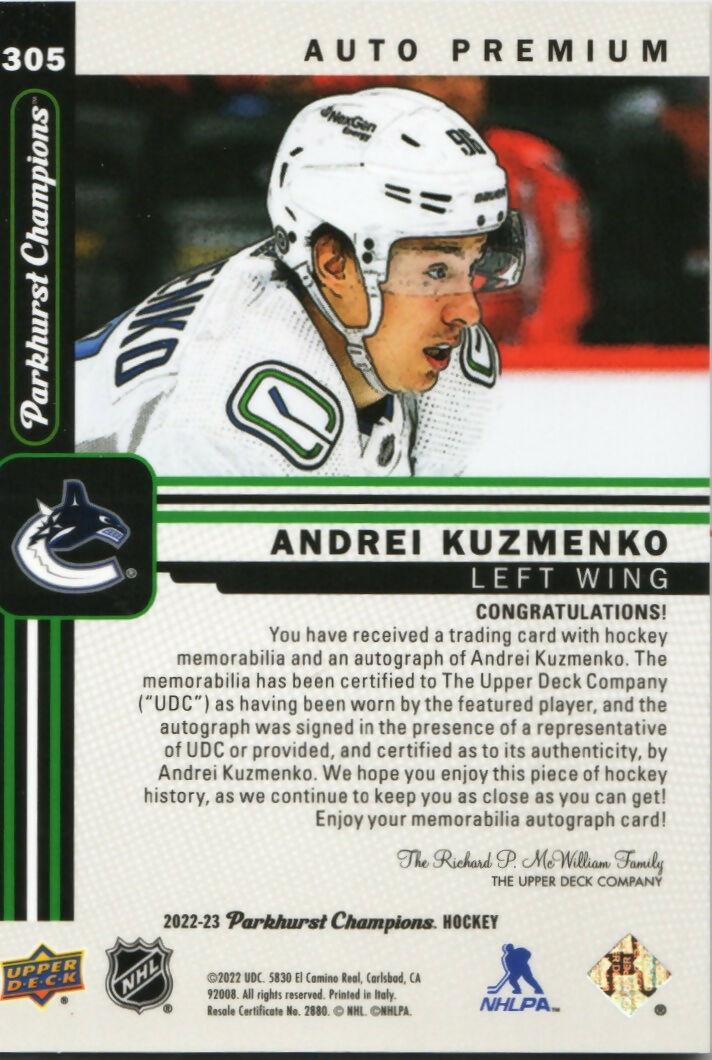 2022-23 Upper Deck Parkhurst Hockey - Base - Patch - Auto Premium :35 #305 Andrei Kuzmenko - Vancouver Canucks - B