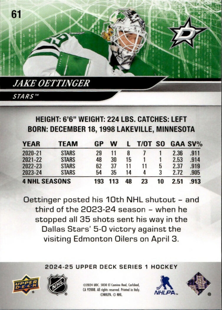 2024-25 Upper Deck Series 1 Hockey - Base #61 Jake Oettinger - Dallas Stars