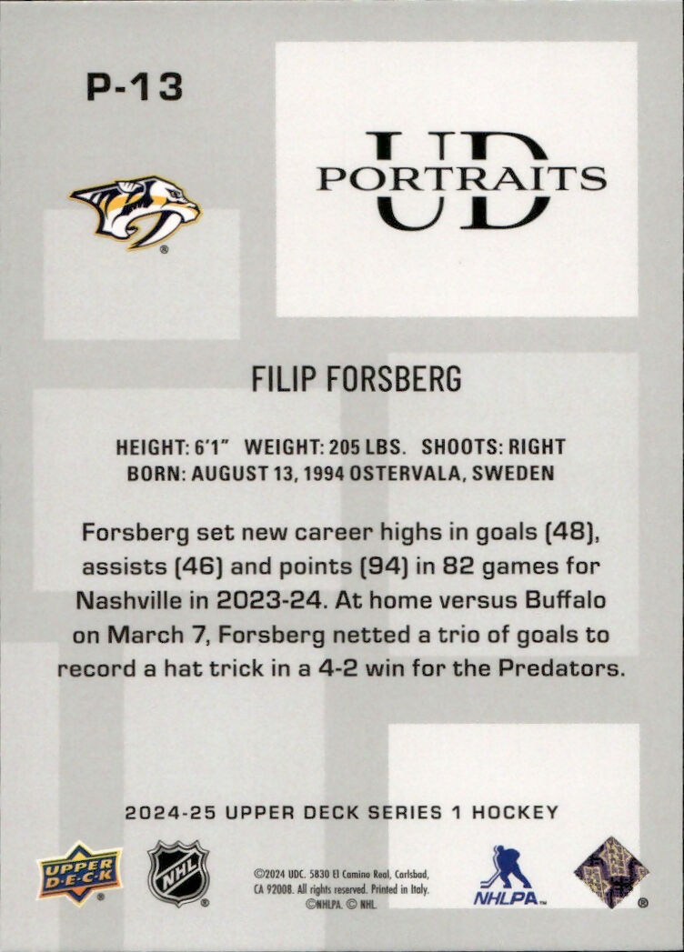 2024-25 Upper Deck Series 1 Hockey - UD Portraits #P-13 Filip Forsberg - Nashville Predators - B