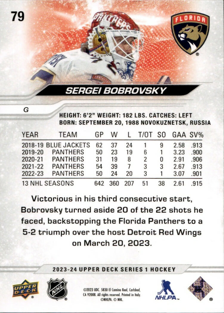 2023-24 Upper Deck Series 1 Hockey - Base #79 Sergei Bobrovsky - Florida Panthers - B