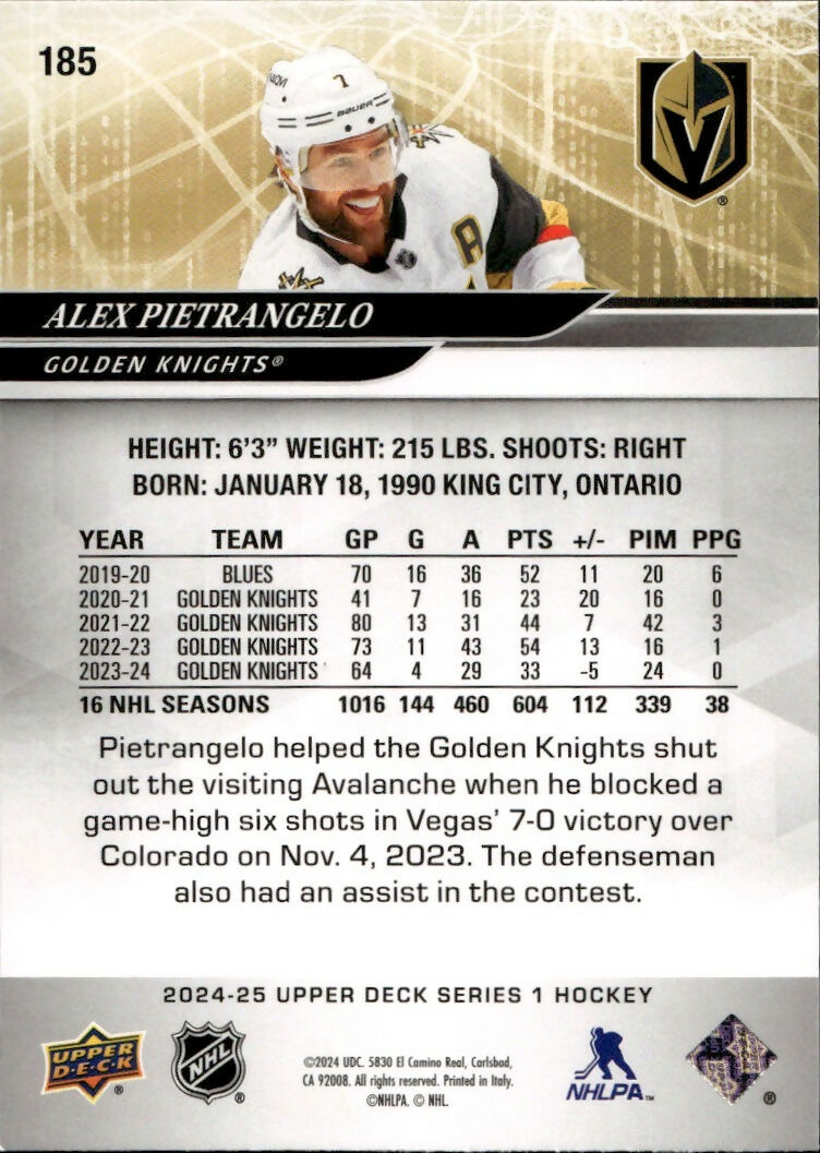 2024-25 Upper Deck Series 1 Hockey - Base #185 Alex Pietrangelo - Vegas Golden Knights