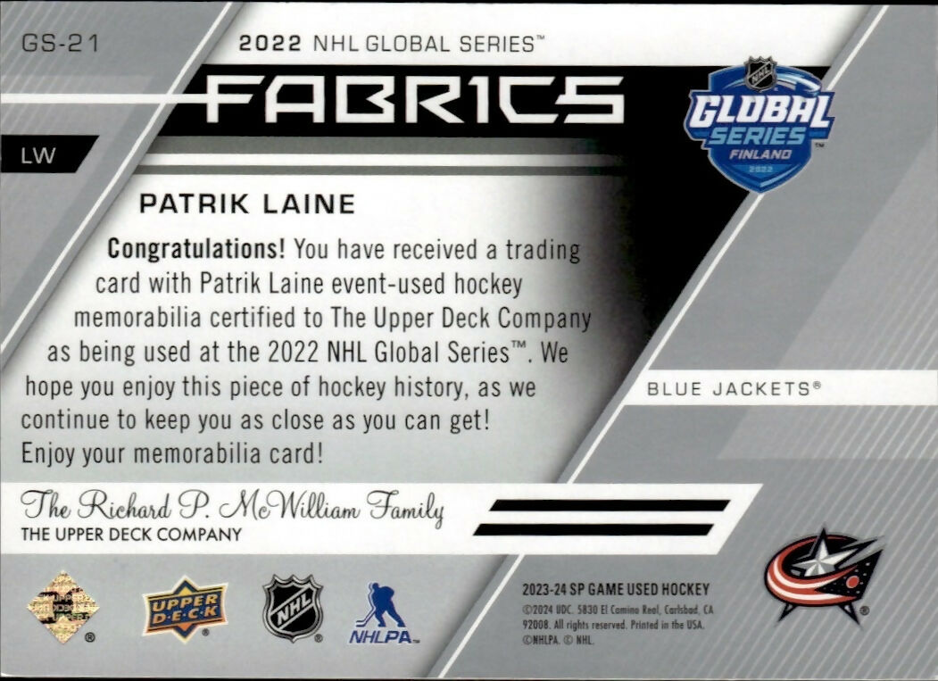 2023-24 Upper Deck SP Game Used Hockey - Fabrics - Global Series #GS-21 Patrik Laine - Columbus Blue Jackets - B