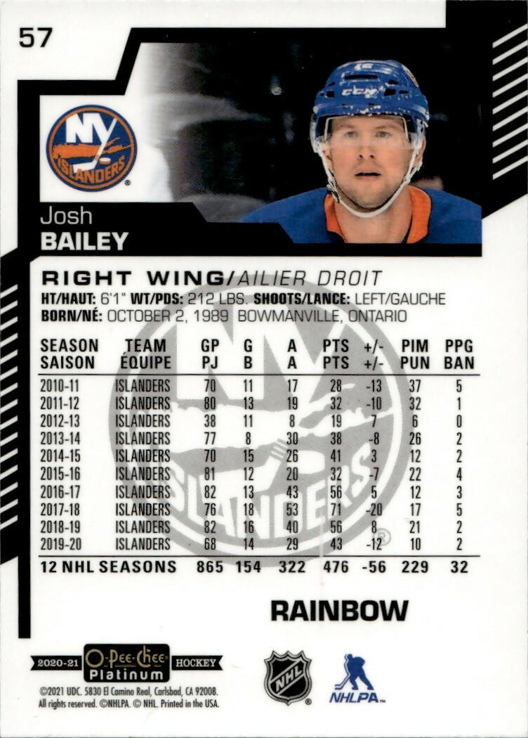 2020-21 Upper Deck O-Pee-Chee Platinum - Base - Rainbow #57 Josh Bailey - New York Islanders - B