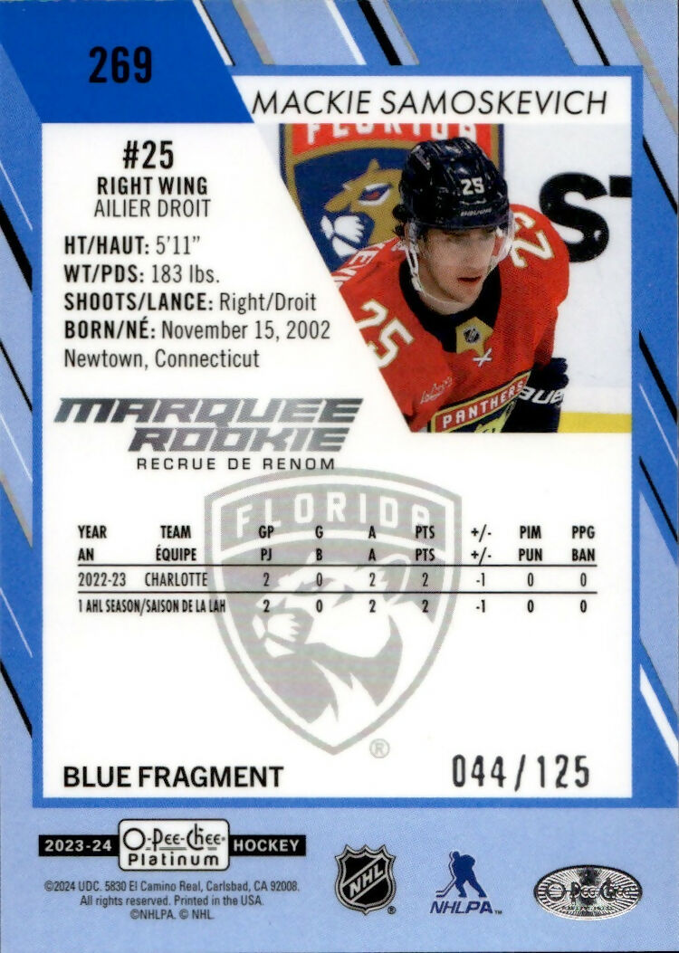 2023-24 Upper Deck O-Pee Chee Platinum Hockey - Base - Blue Fragment :125 #269 Mackie Samoskevich - Florida Panthers - B