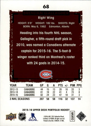 2015-16 Upper Deck Portfolio Hockey - Base #68 Brendan Gallagher - Montreal Canadiens