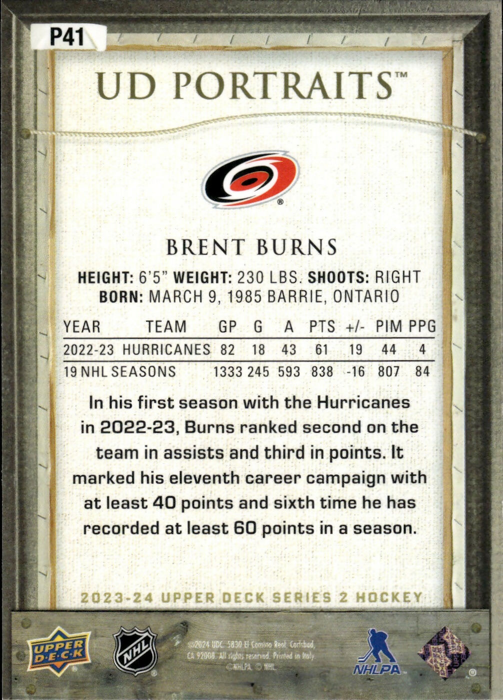 2023-24 Upper Deck Series 2 Hockey - UD Portraits #P41 Brent Burns - Carolina Hurricanes