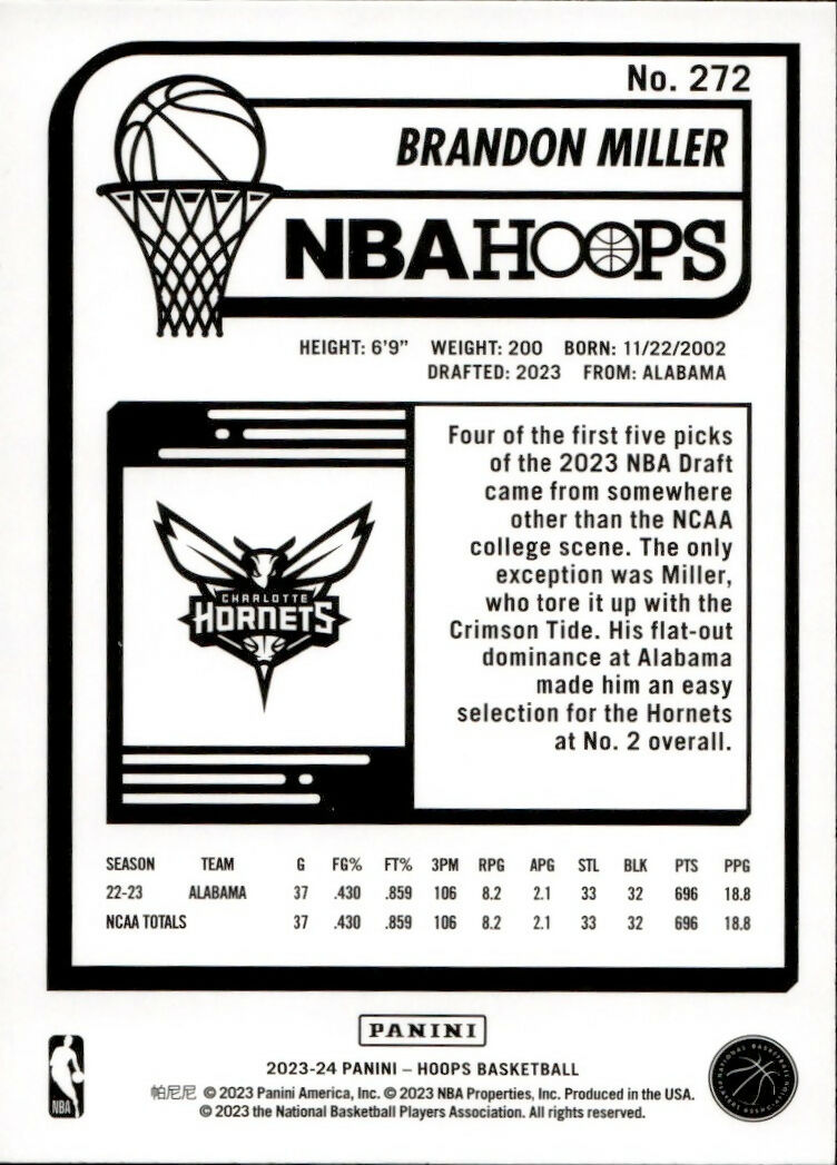 2023-24 Panini Hoops Basketball - Base #272 Brandon Miller - Charlotte Hornets - B