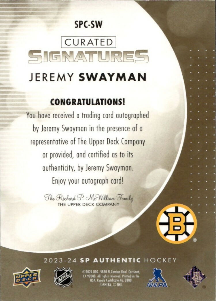 2023-24 Upper Deck SP Authentic Hockey - Curated Signatures #SPC-SW Jeremy Swayman - Boston Bruins - B