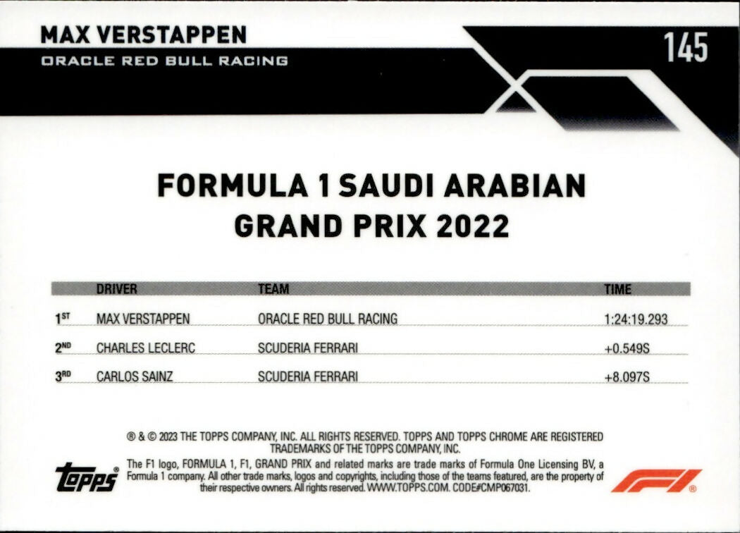 2023 Topps Chrome Formula 1 Base #145 - Grand Prix Winners Max Verstappen - Oracle Red Bull Racing - B