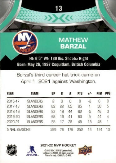 2021-22 Upper Deck MVP Hockey - Base #13 Mathew Barzal - New York Islanders