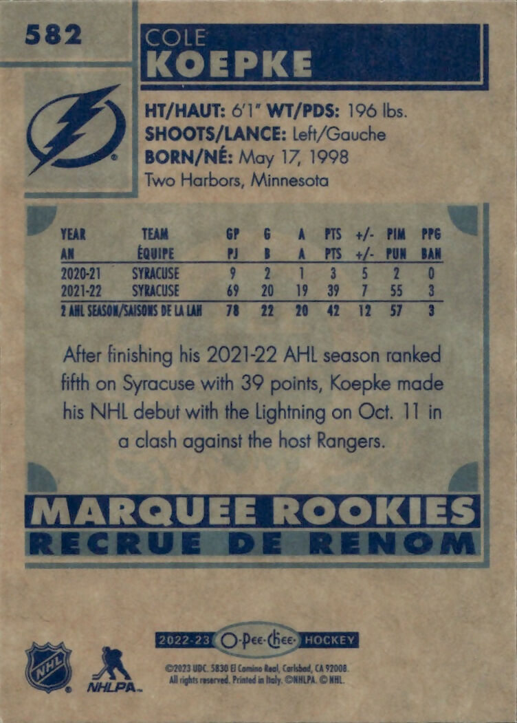 2022-23 Upper Deck O-Pee-Chee Hockey - Retro #582 Cole Koepke - Tampa Bay Lightning - B