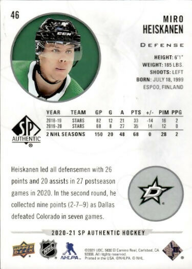 2020-21 Upper Deck Sp Authentic Hockey - Base #46 Miro Heiskanen - Dallas Stars