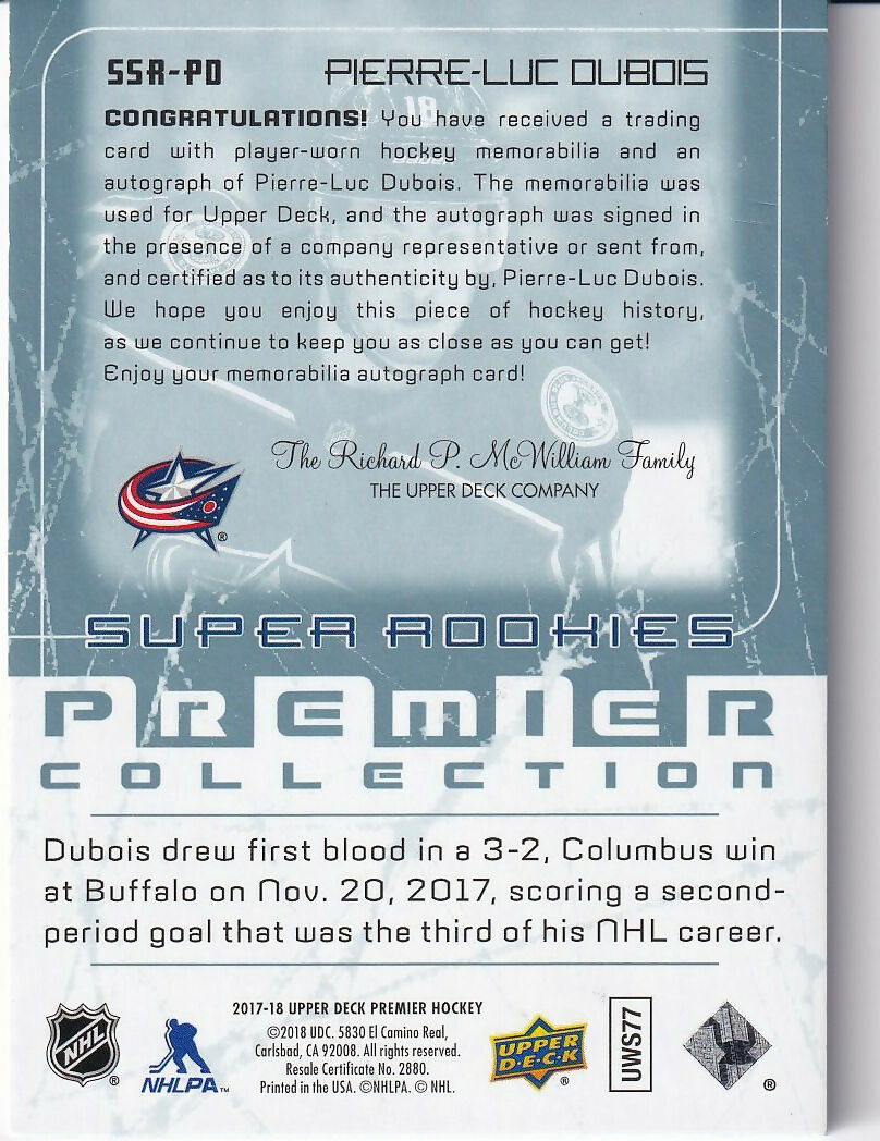 2017-18 Upper Deck Premier 2003-04 Tribute Rookie Auto Patch Auto #SSR-PD Pierre-Luc Dubois Columbus Blue Jackets