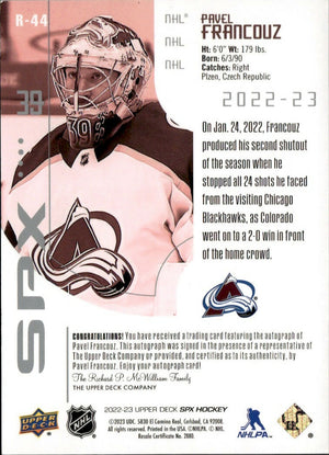 2022-23 Upper Deck SPX Hockey - 2002-23 SPX Retro - Auto #R-44 Pavel Francouz - Colorado Avalanche - B