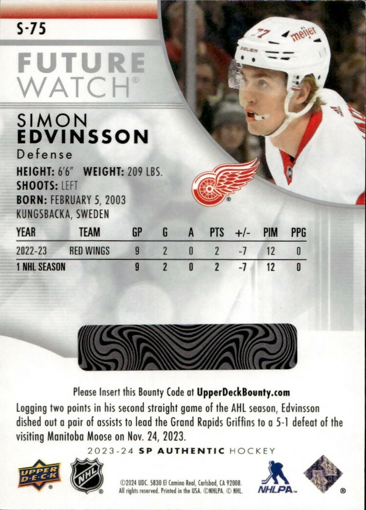 2023-24 Upper Deck SP Authentic Hockey - Future Watch - Spectrum FX #S-75 Simon Edvinsson - Detroit Red Wings - B
