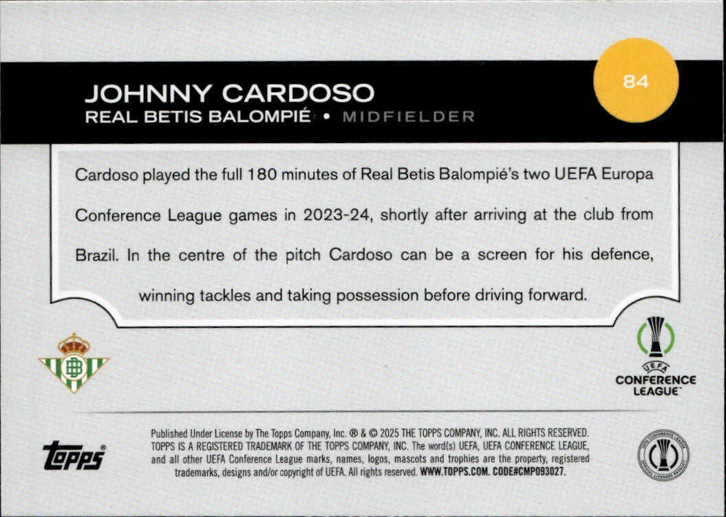 2024-25 Topps UEFA Club Competitions - Base #84 Johnny Cardoso - Real Betis Balompie - B