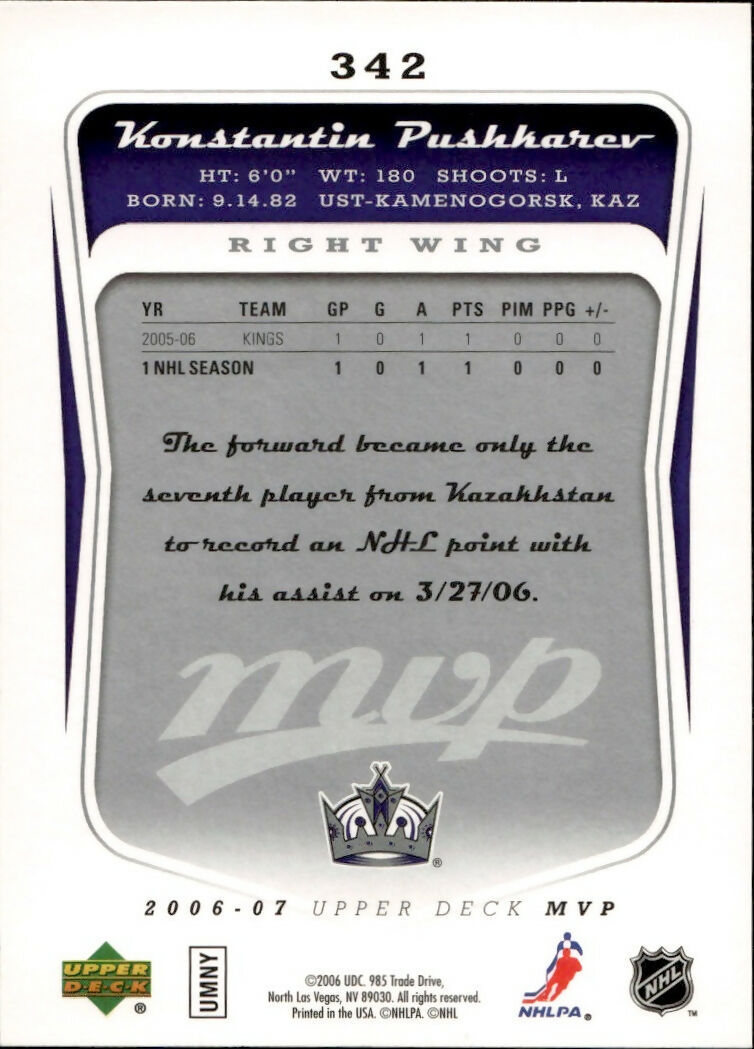 2006-07 Upper Deck MVP Hockey - Base #342 Konstantin Pushkarer - Los Angeles Kings - B