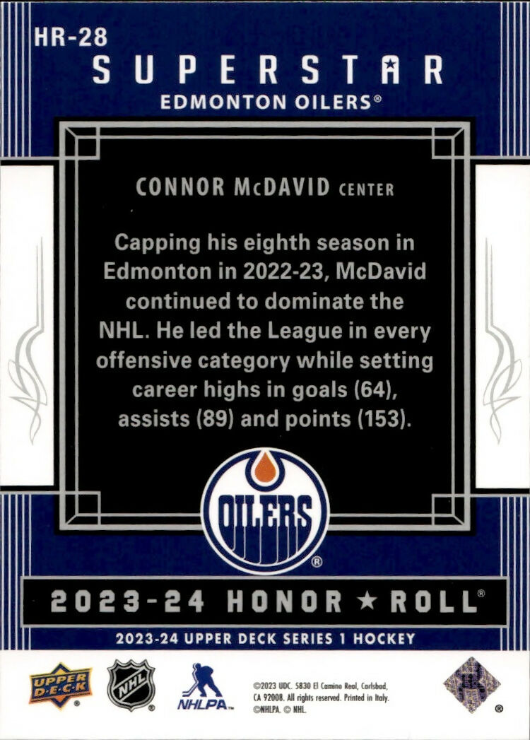 2023-24 Upper Deck Series 1 Hockey - Honor Roll #HR-28 Connor McDavid - Edmonton Oilers - B