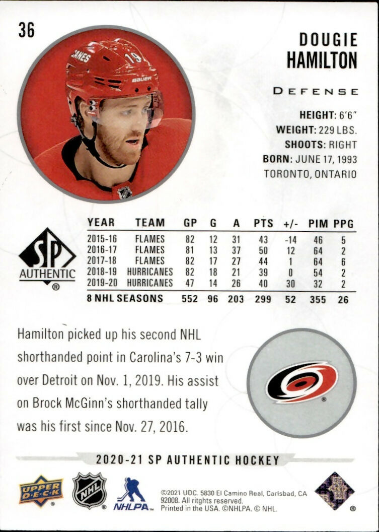 2020-21 Upper Deck SP Authentic Hockey - Base #36 Dougie Hamilton - Carolina Hurricanes - B