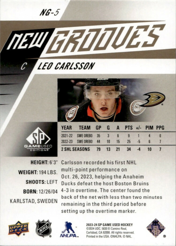 2023-24 Upper Deck SP Game Used Hockey - New Grounds :99 #NG-5 Leo Carlsson - Anaheim Ducks - B