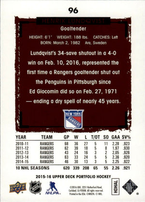 2015-16 Upper Deck Portfolio Hockey - Base #96 Henrik Lundqvist - New York Rangers