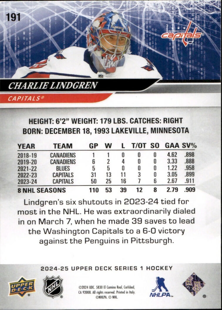 2024-25 Upper Deck Series 1 Hockey - Base #191 Charlie Lindgren - Washington Capitals - B