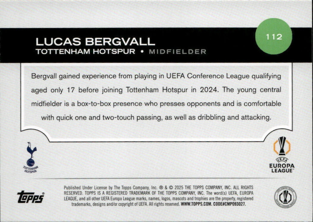 2024-25 Topps UEFA Club Competitions - Base #112 Lucas Bergvall - Tottenham Hotspurs - B