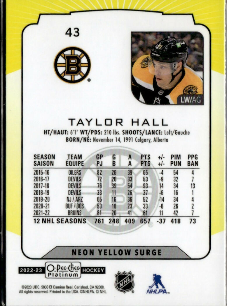2022-23 Upper Deck O-Pee-Chee Platinum Hockey - Base - Neon Yellow Surge #43 Taylor Hall - Boston Bruins - B