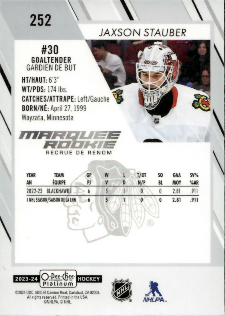 2023-24 Upper Deck O-Pee-Chee Platinum Hockey - Base - Marquee Rookie #252 Jaxson Stauber - Chicago Blackhawks - B