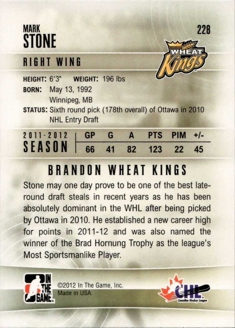 2012 In The Game - Heroes and Prsopects - Base #228 Mark Stone - Wheat Kings - B