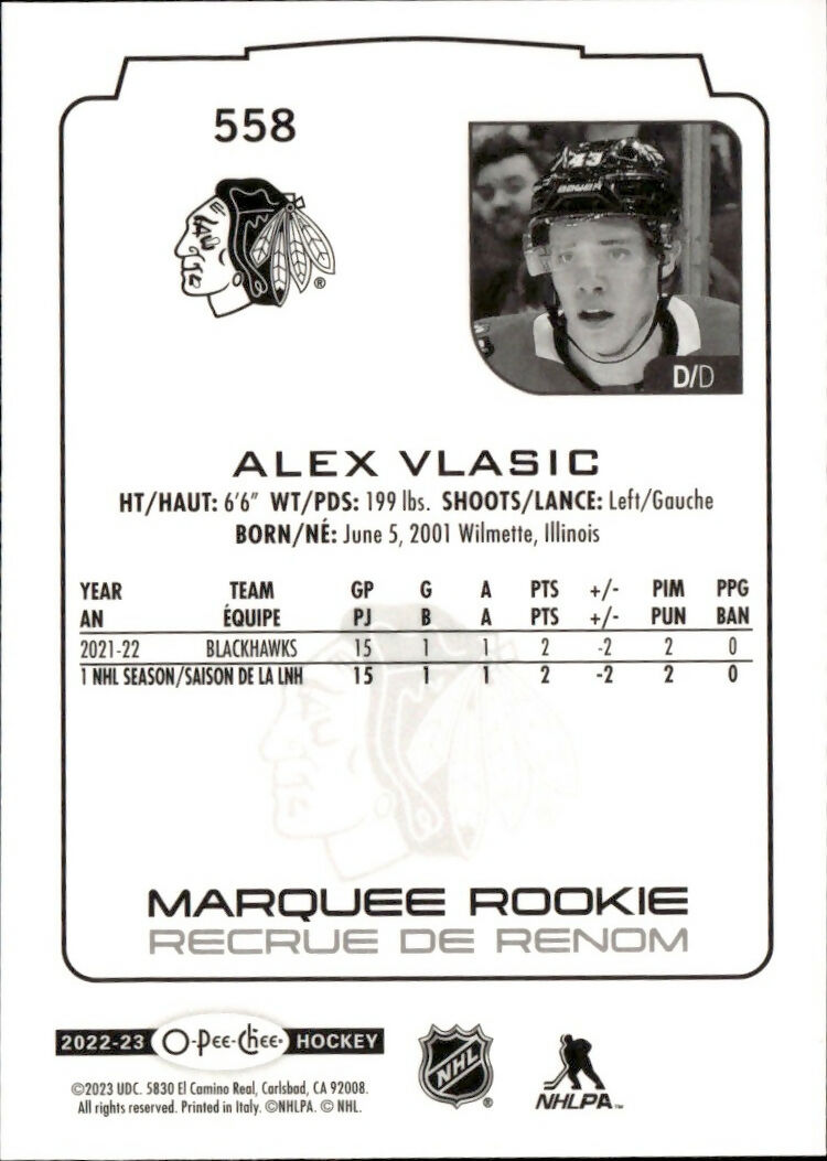 2022-23 Upper Deck O-Pee-Chee - Base - Marquee Rookie #558 Alex Vlasic - Chicago Blackhawks - B