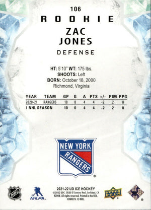 2021-22 Upper Deck Ice Hockey - Base - Rookie #106 Zac Jones - New York Rangers -B