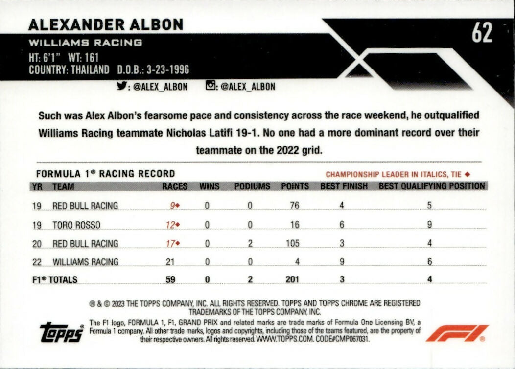 2023 Topps Chrome Formula 1 Base #62 - F1 Drivers - Refractor - Purple Green Alexander Albon - Williams Racing - B