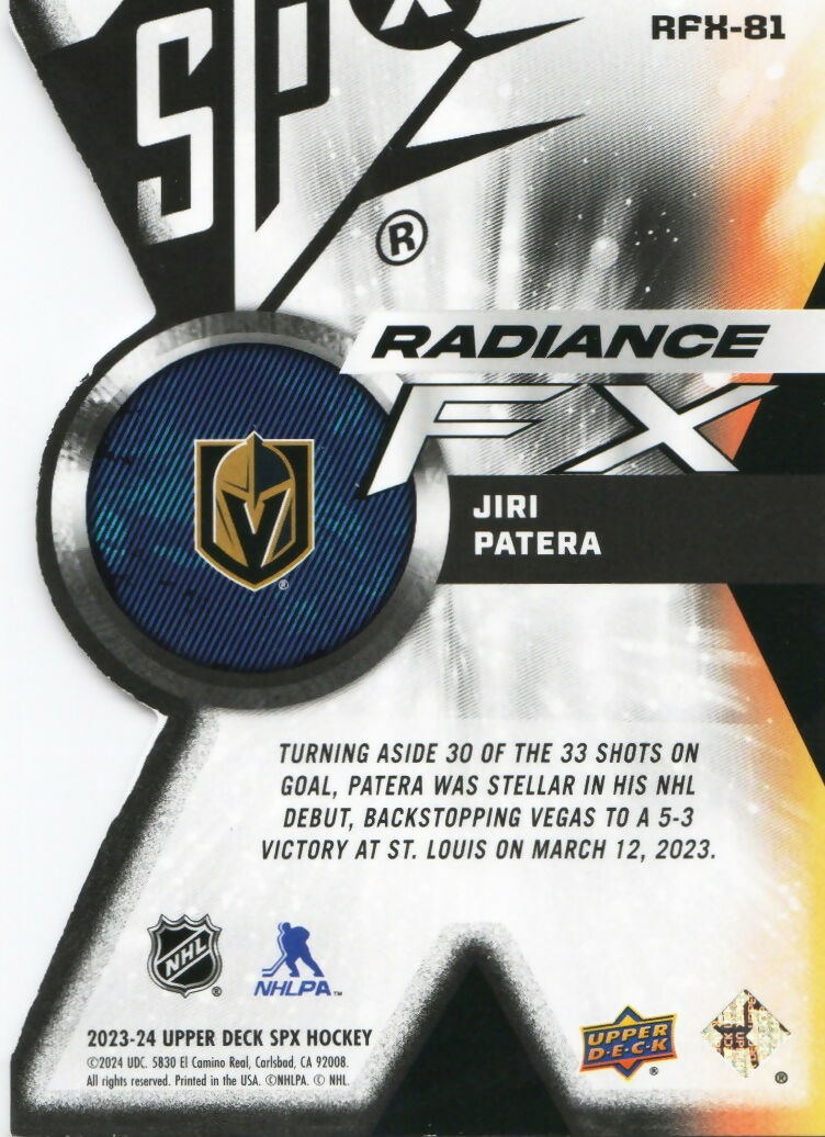2023-24 Upper Deck SPX Hockey - Radiance F:X :949 #FRX-81 Jiri Patera - Vegas Golden Knights - B
